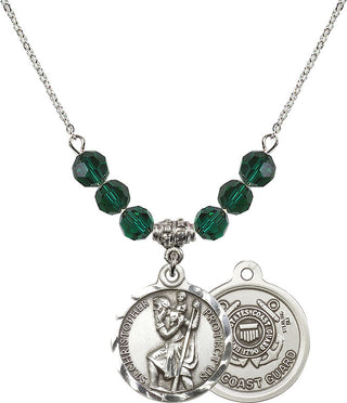 18" Rhodium Plated Necklace with 4mm Emerald Crystal Beads featuring a Sterling Silver Saint Christopher / Coast Guard Medal.