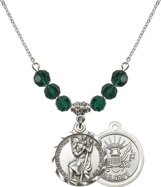18" Rhodium Plated Necklace with 4mm Emerald Crystal Beads featuring a Sterling Silver Saint Christopher / Navy Medal.