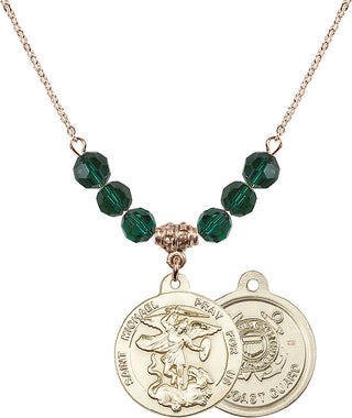 18" Hamilton Gold Plated Necklace with 4mm Emerald Crystal Beads featuring a 14kt Gold Filled Saint Michael / Coast Guard Medal.