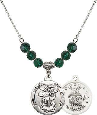 18" Rhodium Plated Necklace with 4mm Emerald Crystal Beads featuring a Sterling Silver Saint Michael / Air Force Medal.