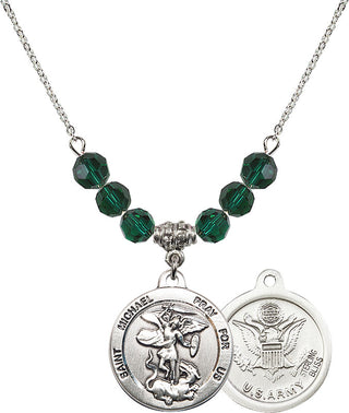 18" Rhodium Plated Necklace with 4mm Emerald Crystal Beads featuring a Sterling Silver Saint Michael / Army Medal.