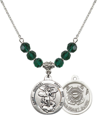 18" Rhodium Plated Necklace with 4mm Emerald Crystal Beads featuring a Sterling Silver Saint Michael / Coast Guard Medal.