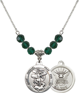 18" Rhodium Plated Necklace with 4mm Emerald Crystal Beads featuring a Sterling Silver Saint Michael / Navy Medal.