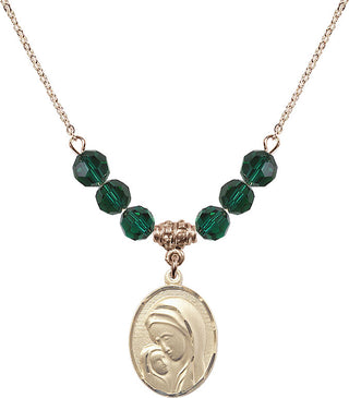 18" Hamilton Gold Plated Necklace with 4mm Emerald Crystal Beads featuring a 14kt Gold Filled Madonna & Child Medal.