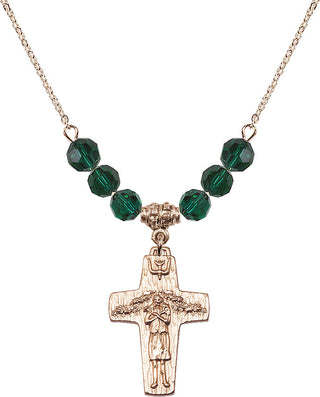 18" Hamilton Gold Plated Necklace with 4mm Emerald Crystal Beads featuring a 14kt Gold Filled Papal Crucifix Medal.
