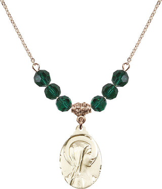 18" Hamilton Gold Plated Necklace with 4mm Emerald Crystal Beads featuring a 14kt Gold Filled Sorrowful Mother Medal.