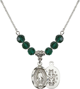 18" Rhodium Plated Necklace with 4mm Emerald Crystal Beads featuring a Sterling Silver Miraculous Medal.