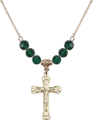 18" Hamilton Gold Plated Necklace with 4mm Emerald Crystal Beads featuring a 14kt Gold Filled Crucifix Medal.