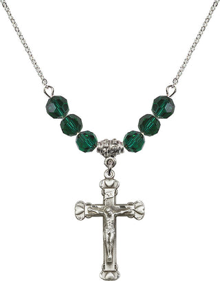 18" Rhodium Plated Necklace with 4mm Emerald Crystal Beads featuring a Sterling Silver Crucifix Medal.