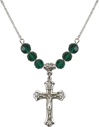 18" Rhodium Plated Necklace with 4mm Emerald Crystal Beads featuring a Sterling Silver Crucifix Medal.