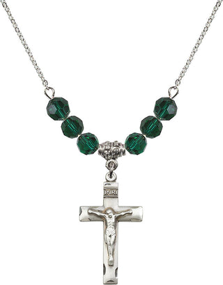 18" Rhodium Plated Necklace with 4mm Emerald Crystal Beads featuring a Sterling Silver Crucifix Medal.