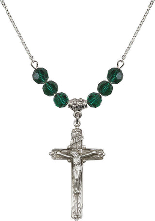 18" Rhodium Plated Necklace with 4mm Emerald Crystal Beads featuring a Sterling Silver Crucifix Medal.