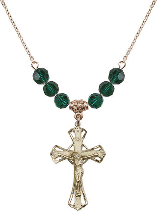 18" Hamilton Gold Plated Necklace with 4mm Emerald Crystal Beads featuring a 14kt Gold Filled Crucifix Medal.