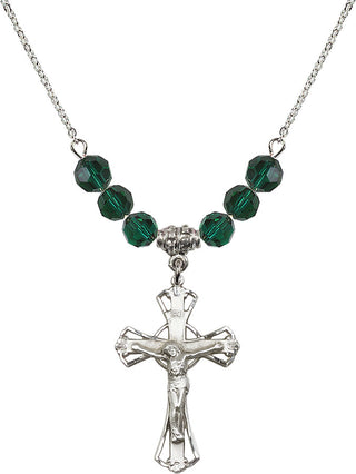 18" Rhodium Plated Necklace with 4mm Emerald Crystal Beads featuring a Sterling Silver Crucifix Medal.