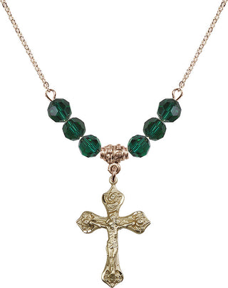 18" Hamilton Gold Plated Necklace with 4mm Emerald Crystal Beads featuring a 14kt Gold Filled Crucifix Medal.