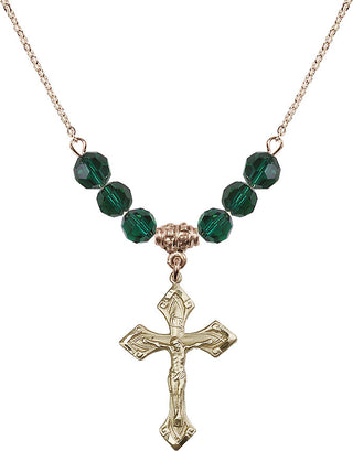 18" Hamilton Gold Plated Necklace with 4mm Emerald Crystal Beads featuring a 14kt Gold Filled Crucifix Medal.