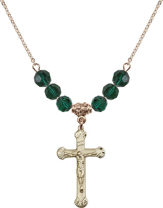 18" Hamilton Gold Plated Necklace with 4mm Emerald Crystal Beads featuring a 14kt Gold Filled Crucifix Medal.