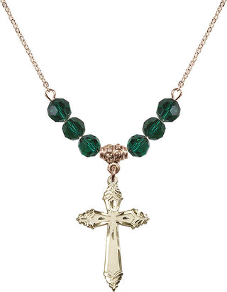 18" Hamilton Gold Plated Necklace with 4mm Emerald Crystal Beads featuring a 14kt Gold Filled Cross Medal.