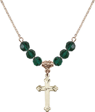 18" Hamilton Gold Plated Necklace with 4mm Emerald Crystal Beads featuring a 14kt Gold Filled Cross Medal.