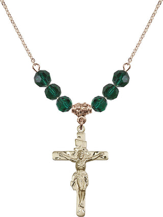 18" Hamilton Gold Plated Necklace with 4mm Emerald Crystal Beads featuring a 14kt Gold Filled Crucifix Medal.