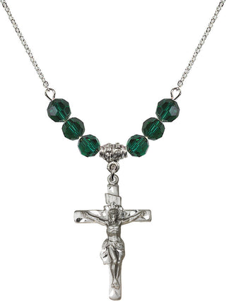 18" Rhodium Plated Necklace with 4mm Emerald Crystal Beads featuring a Sterling Silver Crucifix Medal.