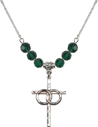 18" Rhodium Plated Necklace with 4mm Emerald Crystal Beads featuring a Sterling Silver Wedding Rings Cross Medal.