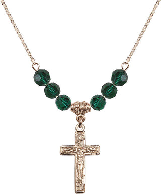 18" Hamilton Gold Plated Necklace with 4mm Emerald Crystal Beads featuring a 14kt Gold Filled Crucifix Medal.