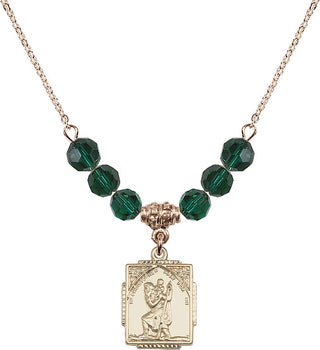 18" Hamilton Gold Plated Necklace with 4mm Emerald Crystal Beads featuring a 14kt Gold Filled Saint Christopher Medal. Engraved Catholic Saint Jewelry