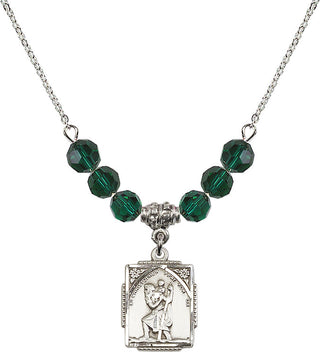 18" Rhodium Plated Necklace with 4mm Emerald Crystal Beads featuring a Sterling Silver Saint Christopher Medal. Engraved Catholic Saint Jewelry