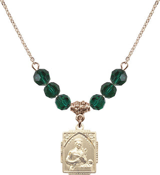 18" Hamilton Gold Plated Necklace with 4mm Emerald Crystal Beads featuring a 14kt Gold Filled Saint Gerard Medal. Engraved Catholic Saint Jewelry