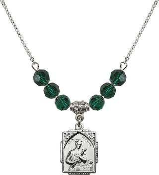 18" Rhodium Plated Necklace with 4mm Emerald Crystal Beads featuring a Sterling Silver Saint Gerard Medal. Engraved Catholic Saint Jewelry