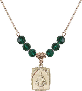 18" Hamilton Gold Plated Necklace with 4mm Emerald Crystal Beads featuring a 14kt Gold Filled Infant of Prague Medal. Engraved Catholic Saint Jewelry