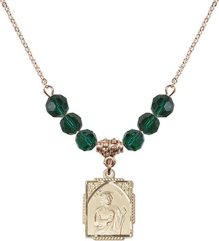 18" Hamilton Gold Plated Necklace with 4mm Emerald Crystal Beads featuring a 14kt Gold Filled Saint Jude Medal. Engraved Catholic Saint Jewelry
