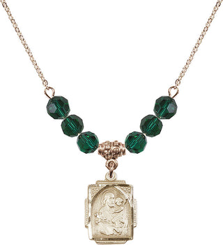 18" Hamilton Gold Plated Necklace with 4mm Emerald Crystal Beads featuring a 14kt Gold Filled Saint Joseph Medal. Engraved Catholic Saint Jewelry