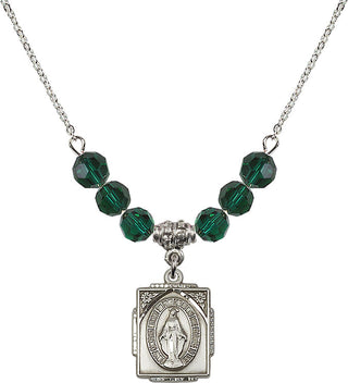 18" Rhodium Plated Necklace with 4mm Emerald Crystal Beads featuring a Sterling Silver Miraculous Medal. Engraved Catholic Saint Jewelry
