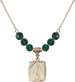 18" Hamilton Gold Plated Necklace with 4mm Emerald Crystal Beads featuring a 14kt Gold Filled Saint Patrick Medal. Engraved Catholic Saint Jewelry
