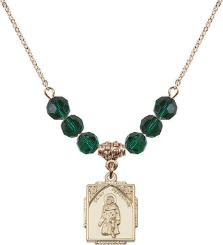 18" Hamilton Gold Plated Necklace with 4mm Emerald Crystal Beads featuring a 14kt Gold Filled Saint Peregrine Medal. Engraved Catholic Saint Jewelry