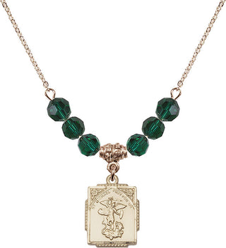 18" Hamilton Gold Plated Necklace with 4mm Emerald Crystal Beads featuring a 14kt Gold Filled Saint Michael the Archangel Medal. Engraved Catholic Saint Jewelry