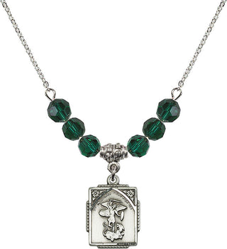 18" Rhodium Plated Necklace with 4mm Emerald Crystal Beads featuring a Sterling Silver Saint Michael the Archangel Medal. Engraved Catholic Saint Jewelry