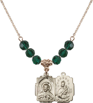 18" Hamilton Gold Plated Necklace with 4mm Emerald Crystal Beads featuring a 14kt Gold Filled Scapular Medal.