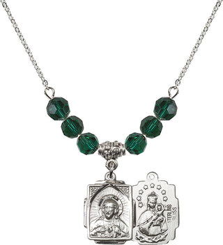 18" Rhodium Plated Necklace with 4mm Emerald Crystal Beads featuring a Sterling Silver Scapular Medal.