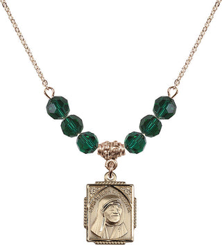 18" Hamilton Gold Plated Necklace with 4mm Emerald Crystal Beads featuring a 14kt Gold Filled Saint Teresa of Calcutta Medal. Engraved Catholic Saint Jewelry