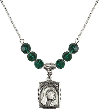 18" Rhodium Plated Necklace with 4mm Emerald Crystal Beads featuring a Sterling Silver Saint Teresa of Calcutta Medal. Engraved Catholic Saint Jewelry