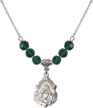 18" Rhodium Plated Necklace with 4mm Emerald Crystal Beads featuring a Sterling Silver Mother of a Priest Medal. Engraved Catholic Saint Jewelry