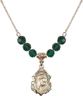 18" Hamilton Gold Plated Necklace with 4mm Emerald Crystal Beads featuring a 14kt Gold Filled Saint Teresa of Calcutta Medal.