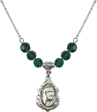 18" Rhodium Plated Necklace with 4mm Emerald Crystal Beads featuring a Sterling Silver Saint Teresa of Calcutta Medal.