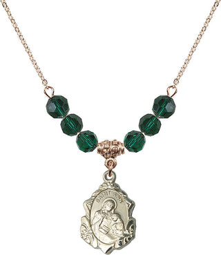 18" Hamilton Gold Plated Necklace with 4mm Emerald Crystal Beads featuring a 14kt Gold Filled Saint Ann Medal. Engraved Catholic Saint Jewelry