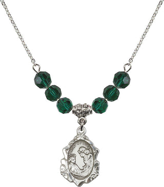 18" Rhodium Plated Necklace with 4mm Emerald Crystal Beads featuring a Sterling Silver Saint Cecilia Medal. Engraved Catholic Saint Jewelry