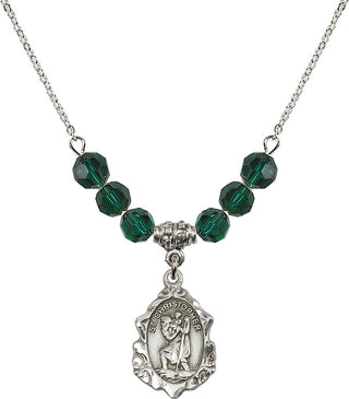 18" Rhodium Plated Necklace with 4mm Emerald Crystal Beads featuring a Sterling Silver Saint Christopher Medal. Engraved Catholic Saint Jewelry