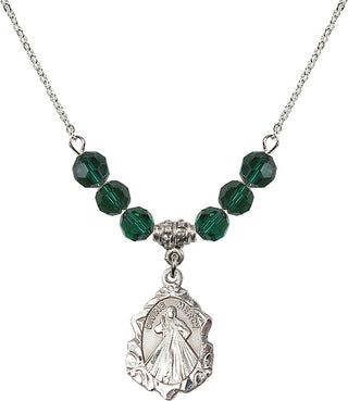 18" Rhodium Plated Necklace with 4mm Emerald Crystal Beads featuring a Sterling Silver Divine Mercy Medal. Engraved Catholic Saint Jewelry